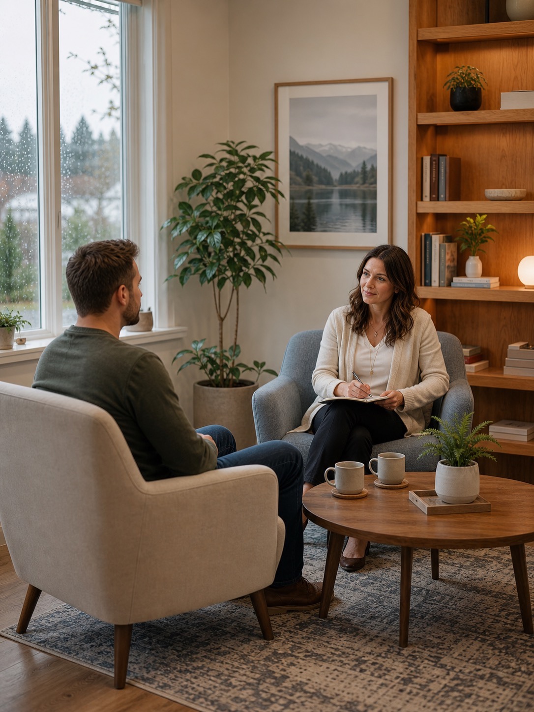 Counsellor and client in a calm, private therapy office in Langley BC